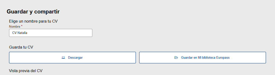 Sección para descargar y guardar el CV Europass