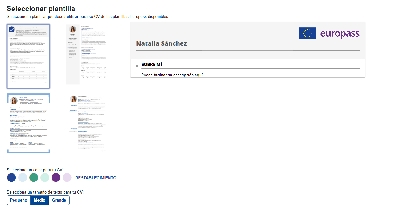 Elección y personalización de la plantilla Europass