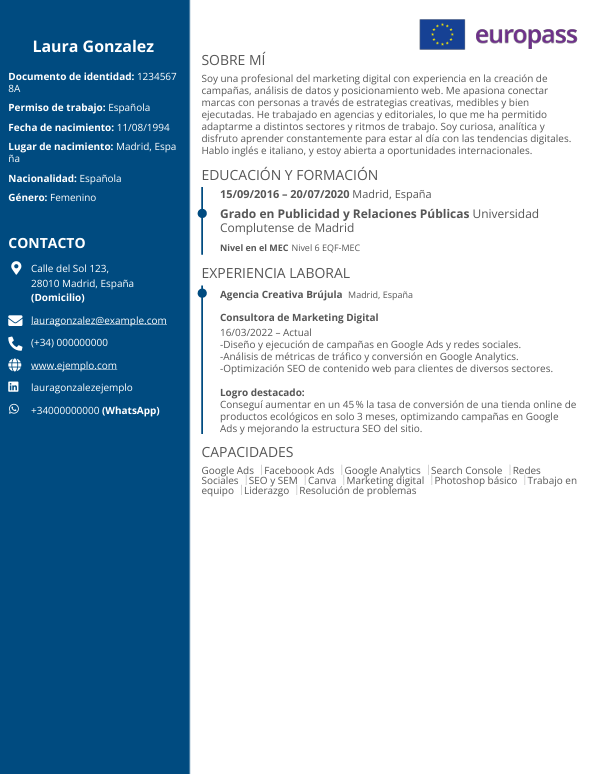 Ejemplo de un currículum Europass