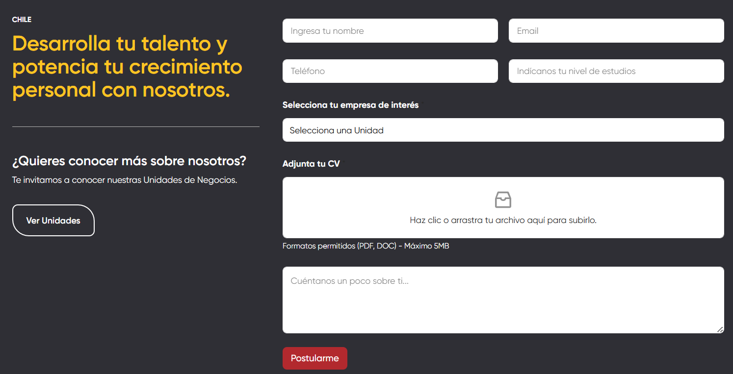 Formulario para enviar CV a Salfacorp