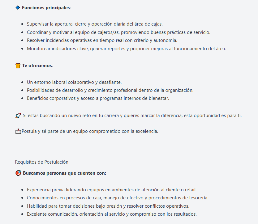 Lista de funciones principales y requisitos de postulación al cargo de jefe de caja en locales Cencosud