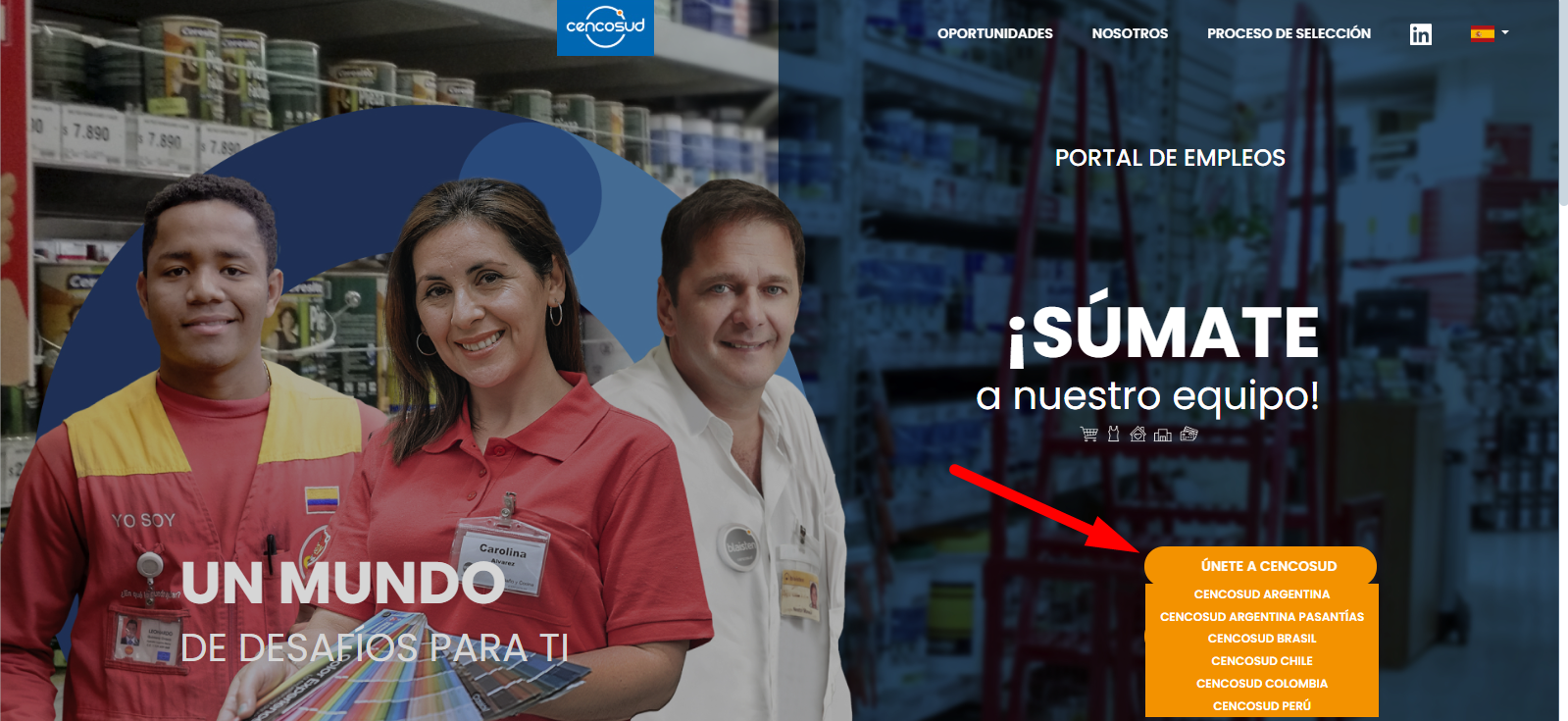 Capture de la página de inicio del portal de empleo en el que se señala el botón Únete a Cencosud