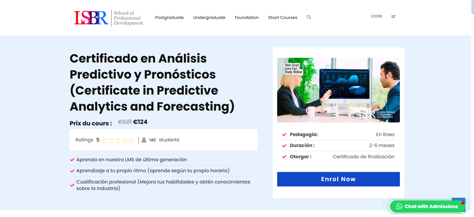 Captura de pantalla de la web de LSBR y su oferta de curso de análisis predictivo