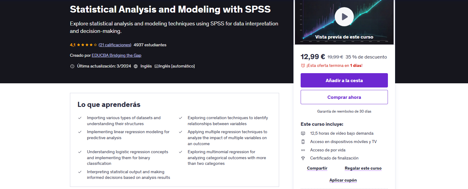 Captura de pantalla de Udemy en la que se muestra el contenido de su curso enfocado en SPSS
