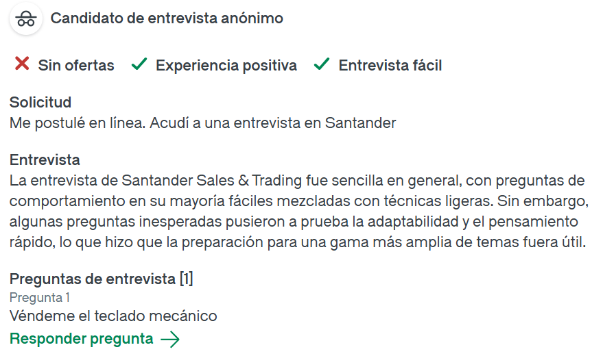 Testimonio de un postulante a un empleo en el Banco Santander (Glassdoor)