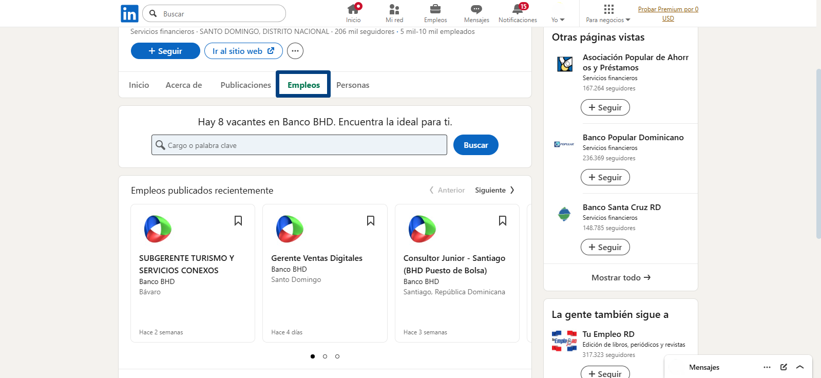 Captura de pantalla donde se encierra en un cuadro la opción Empleos en el perfil de LinkedIn de la entidad de soluciones financieras BHD