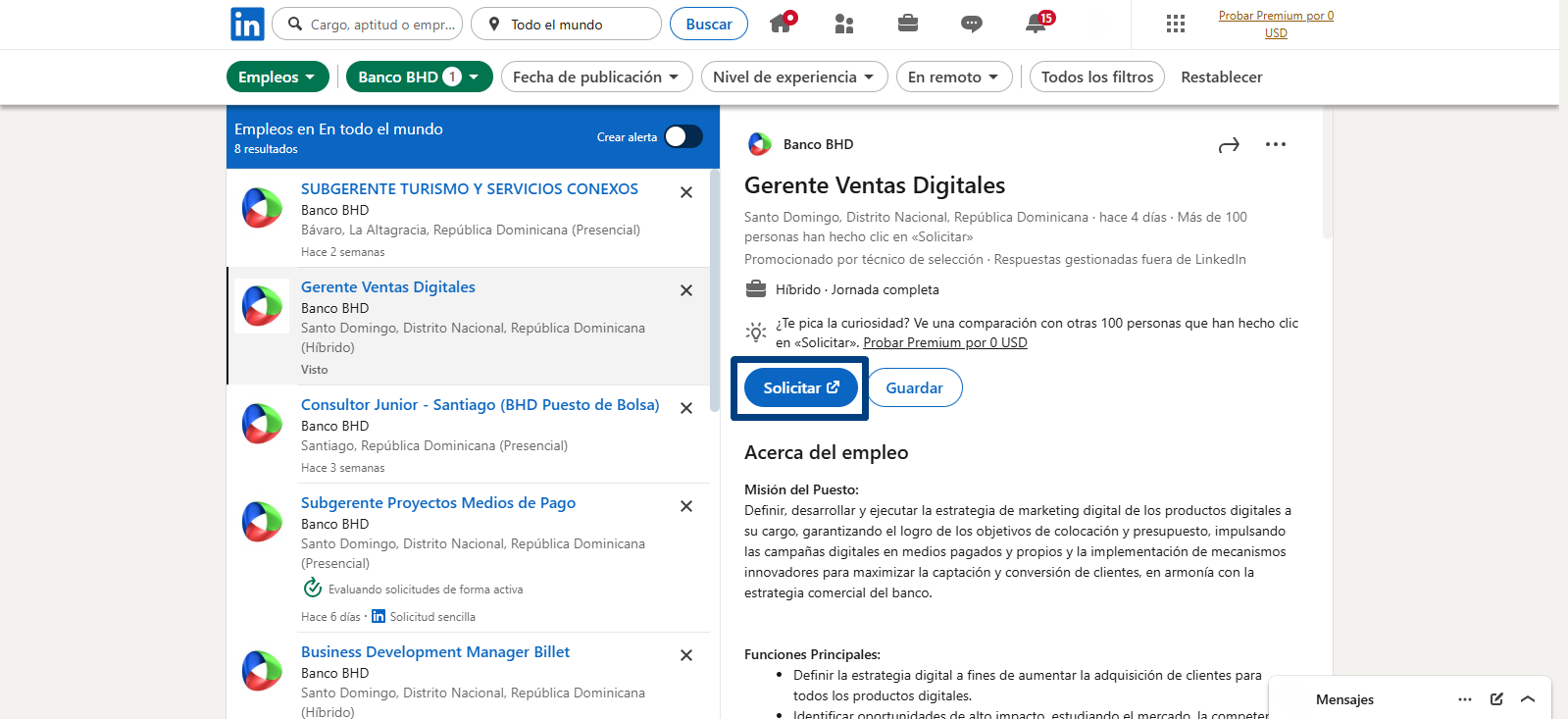 Botón de Solicitar que debe ser presionado para postularte a cualquier tipo de trabajo en el centro financiero BHD