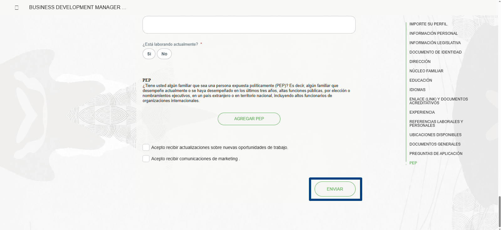 Imagen del área del formulario de postulación en la que está la opción Enviar