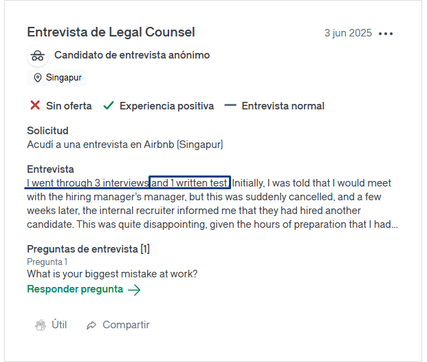 Opinión dejada en Glassdoor por un candidato en Airbnb que tuvo que hacer una prueba escrita en una de las tres entrevistas a las que asistió