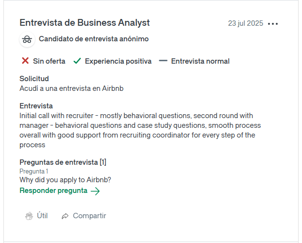 Captura de un comentario en inglés dejado por un candidato en Airbnb en el que describe el proceso de entrevista