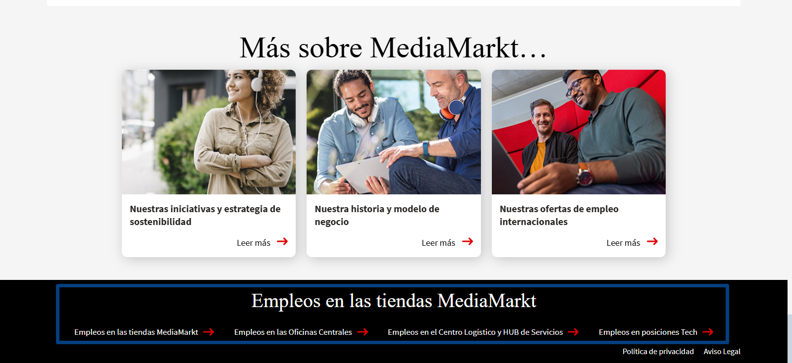 Captura de pantalla de la web de empleo de la empresa alemana en la que se ven las categorías de vacantes