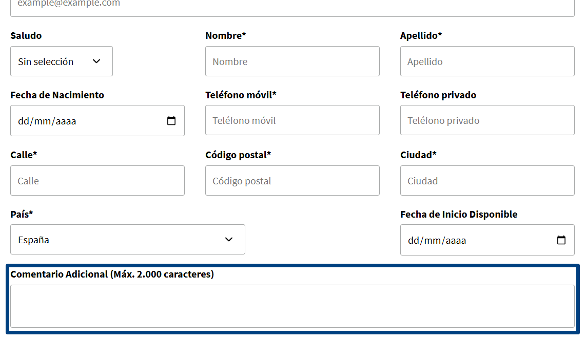 Parte del formulario de postulación en la que se solicitan datos personales y de contacto