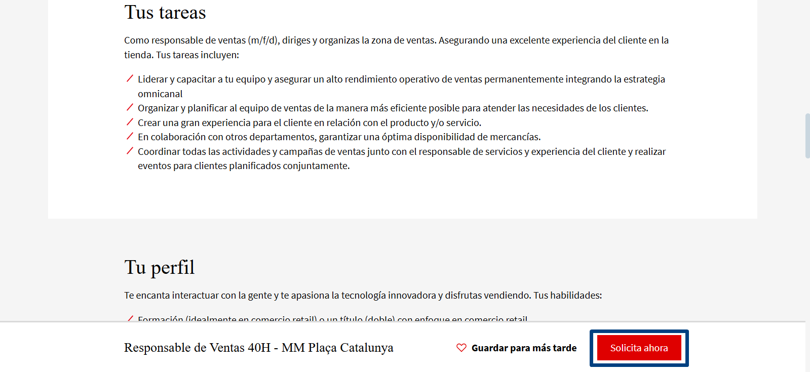 Imagen de la descripción del rol de responsable de ventas de productos en España en la que se señala el botón Solicita ahora