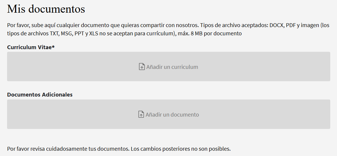 Recuadros en los que se debe hacer click para subir el CV y otros documentos necesarios en tu postulación