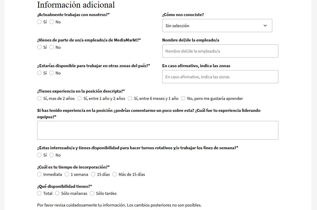Sección del formulario para solicitar trabajo en MediaMarkt en la que se hacen preguntas sobre tu experiencia