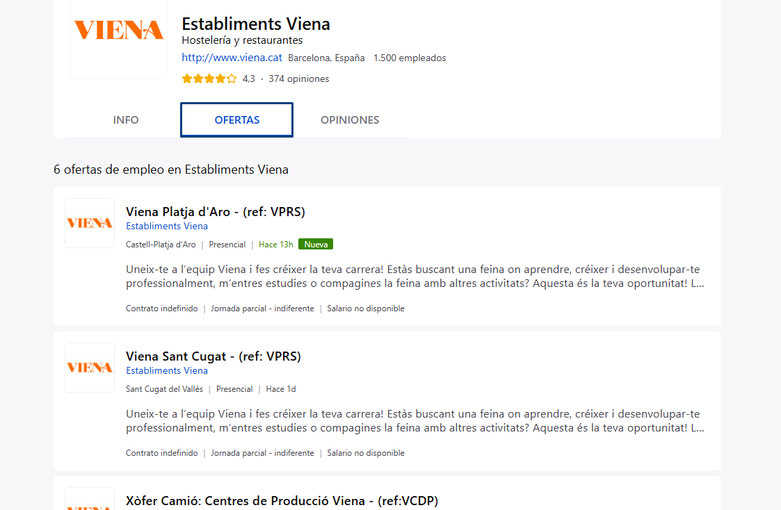 Captura de pantalla del perfil de Viena en el sitio de internet InfoJobs en la que se muestran sus ofertas activas en la Comunidad de Madrid y otras zonas de España
