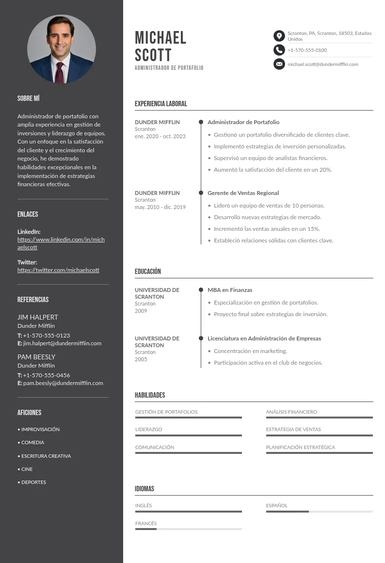 Plantilla de CV y Guía de Escritura para Administrador de Portafolio
