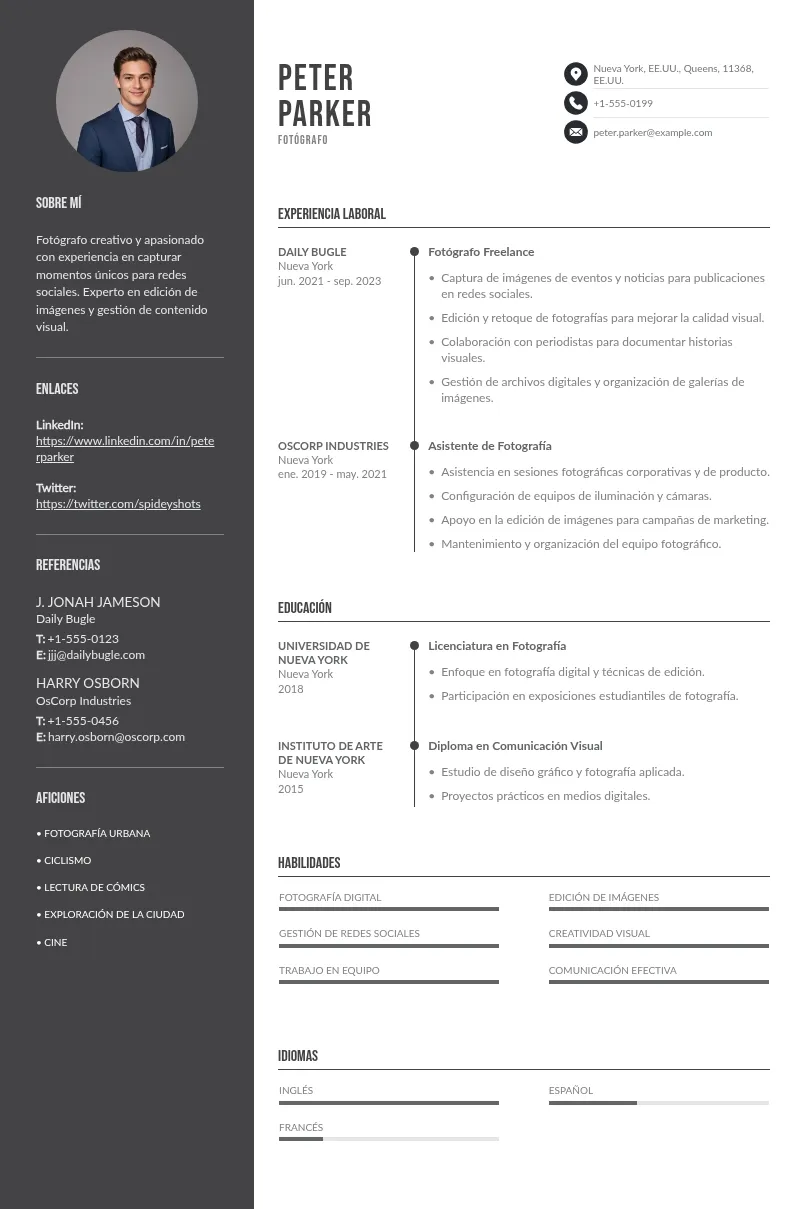 Ejemplos de Currículum: Fotógrafo/a para Redes Sociales 2024