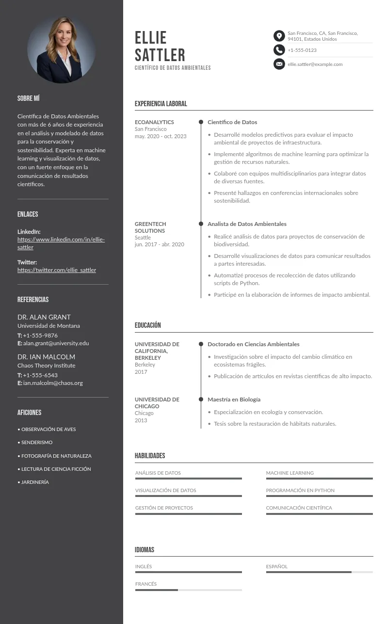 Ejemplos de Currículum: Científico de Datos Ambientales para 2024