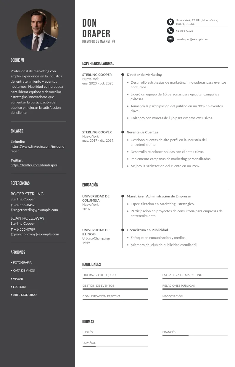 CV de Director/a de Marketing para Eventos Nocturnos: Guía Gratis para 2024