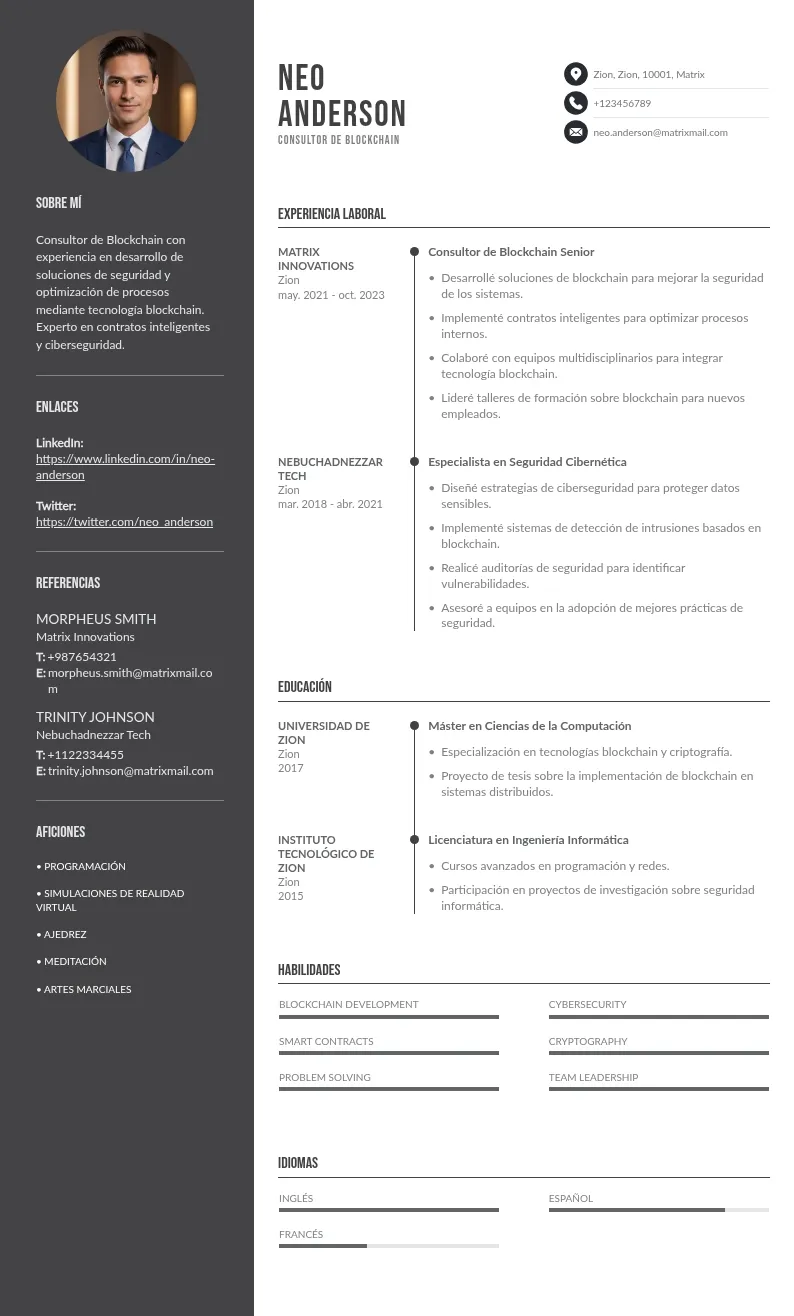 CV de Consultor de Blockchain: Guía y Ejemplos Gratis para 2024