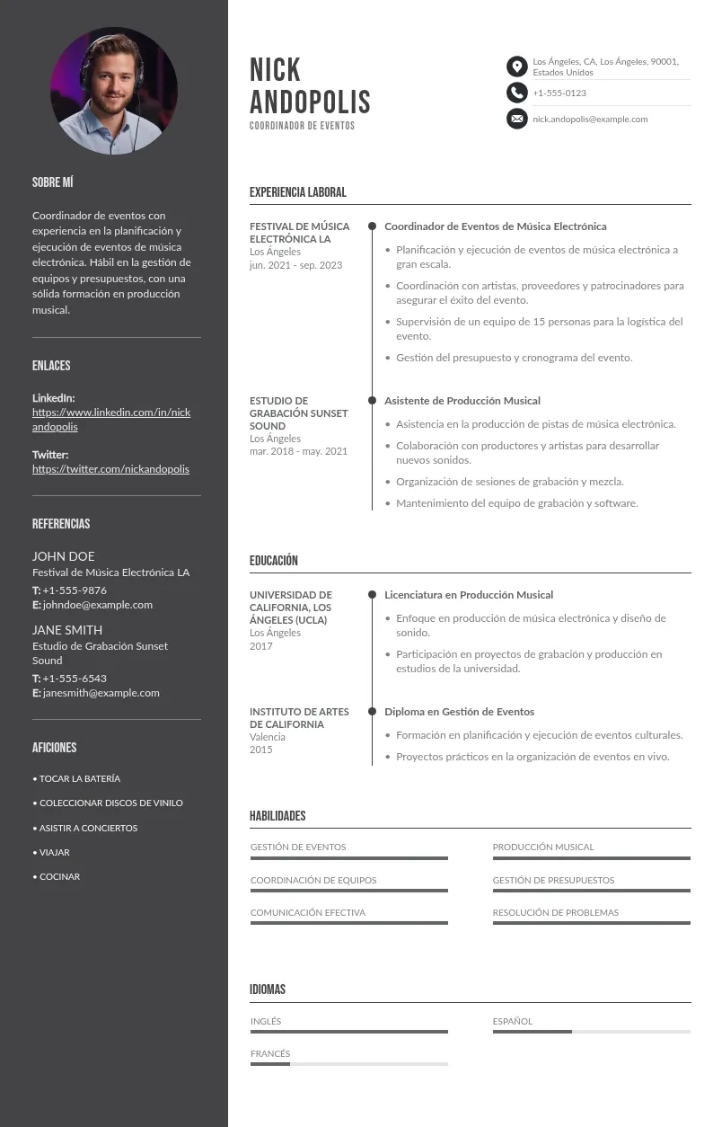 CV de Coordinador/a de Eventos de Música Electrónica: Guía y Consejos Gratis para 2024