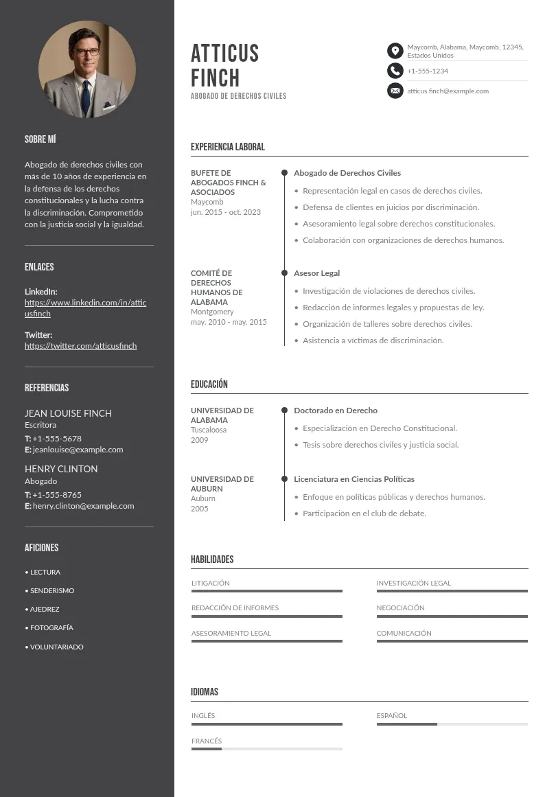 CV de Abogado/a de Derechos Civiles: Guía y Muestra Gratis para 2024