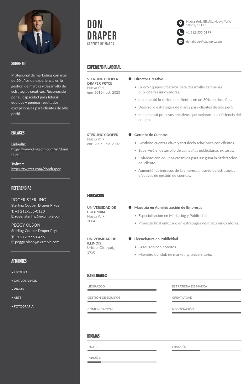 Escribe cada parte de tu CV de gerente de marca con estrategia (usa los ejemplos de guía)