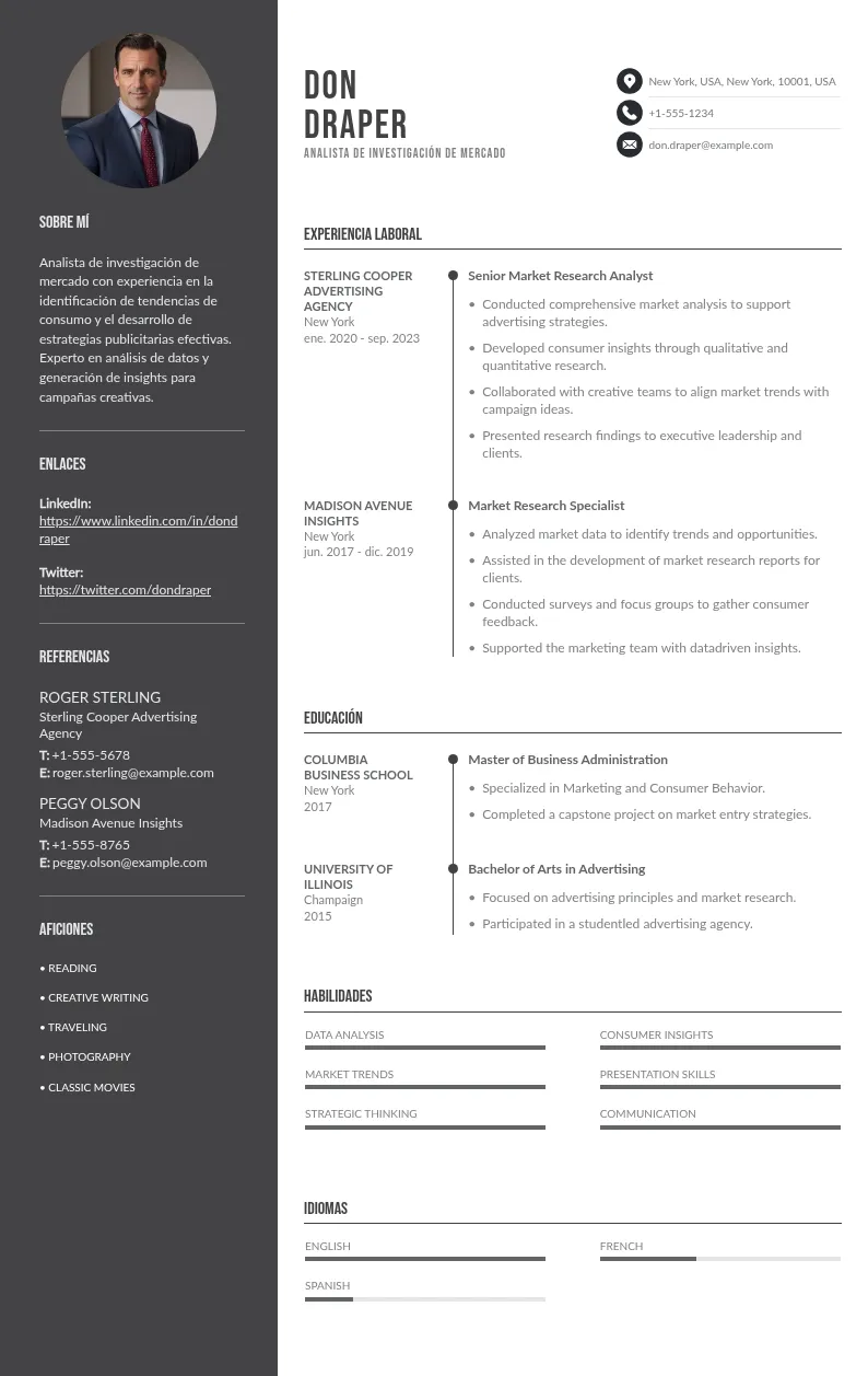 Crea un CV de analista de investigación de mercado que impacte a los reclutadores