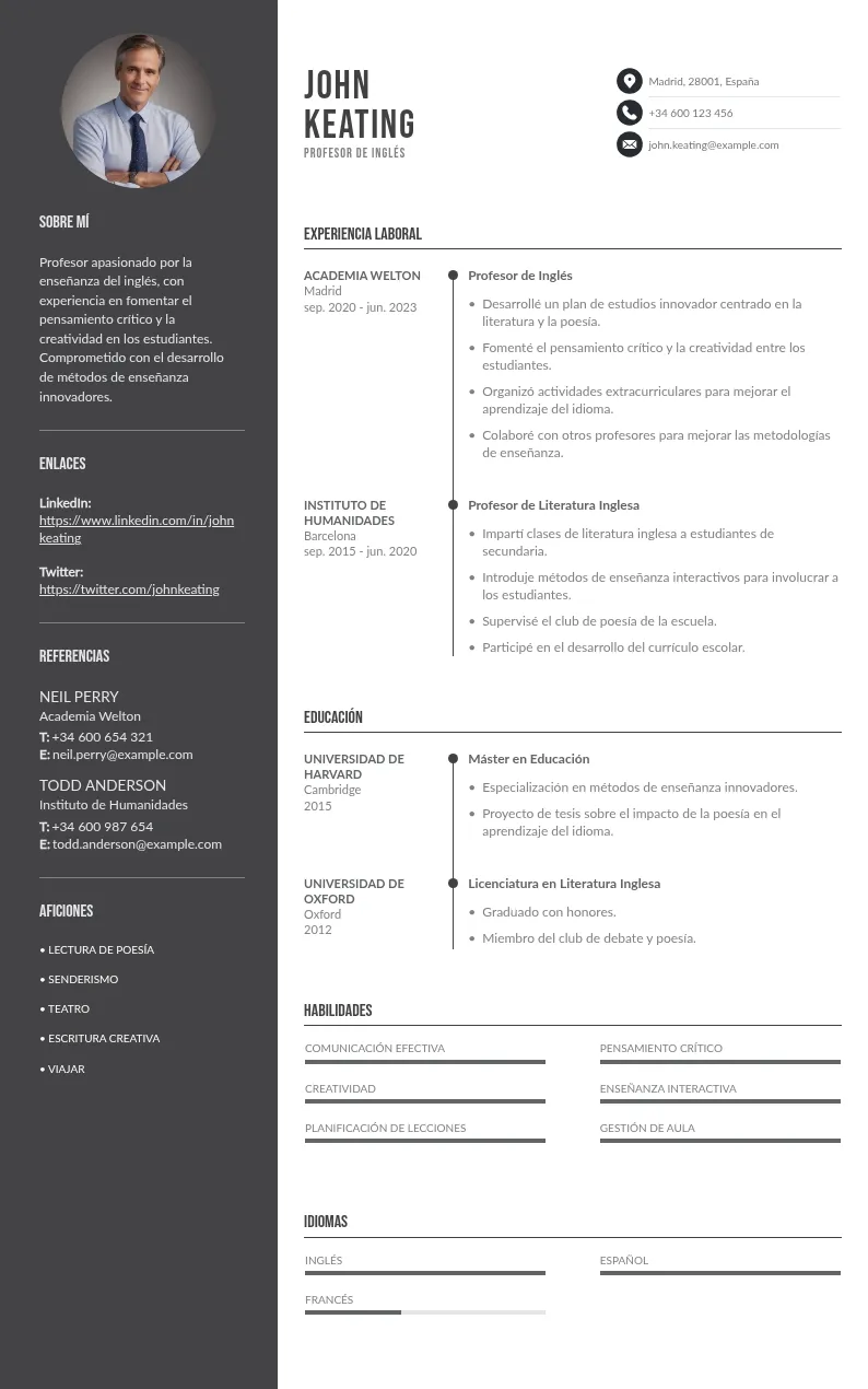 Currículum de profesor de inglés: ejemplos y consejos