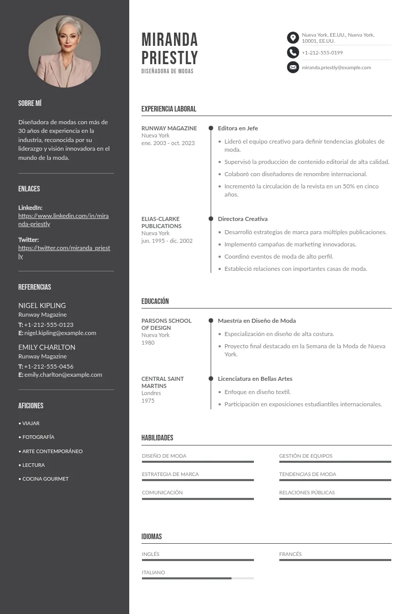 Currículum vitae de diseñador de modas