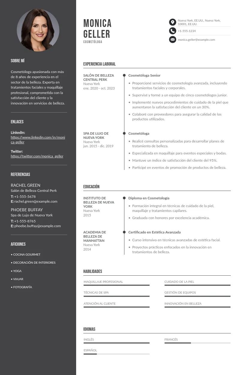 Ejemplo de currículum de un cosmetólogo