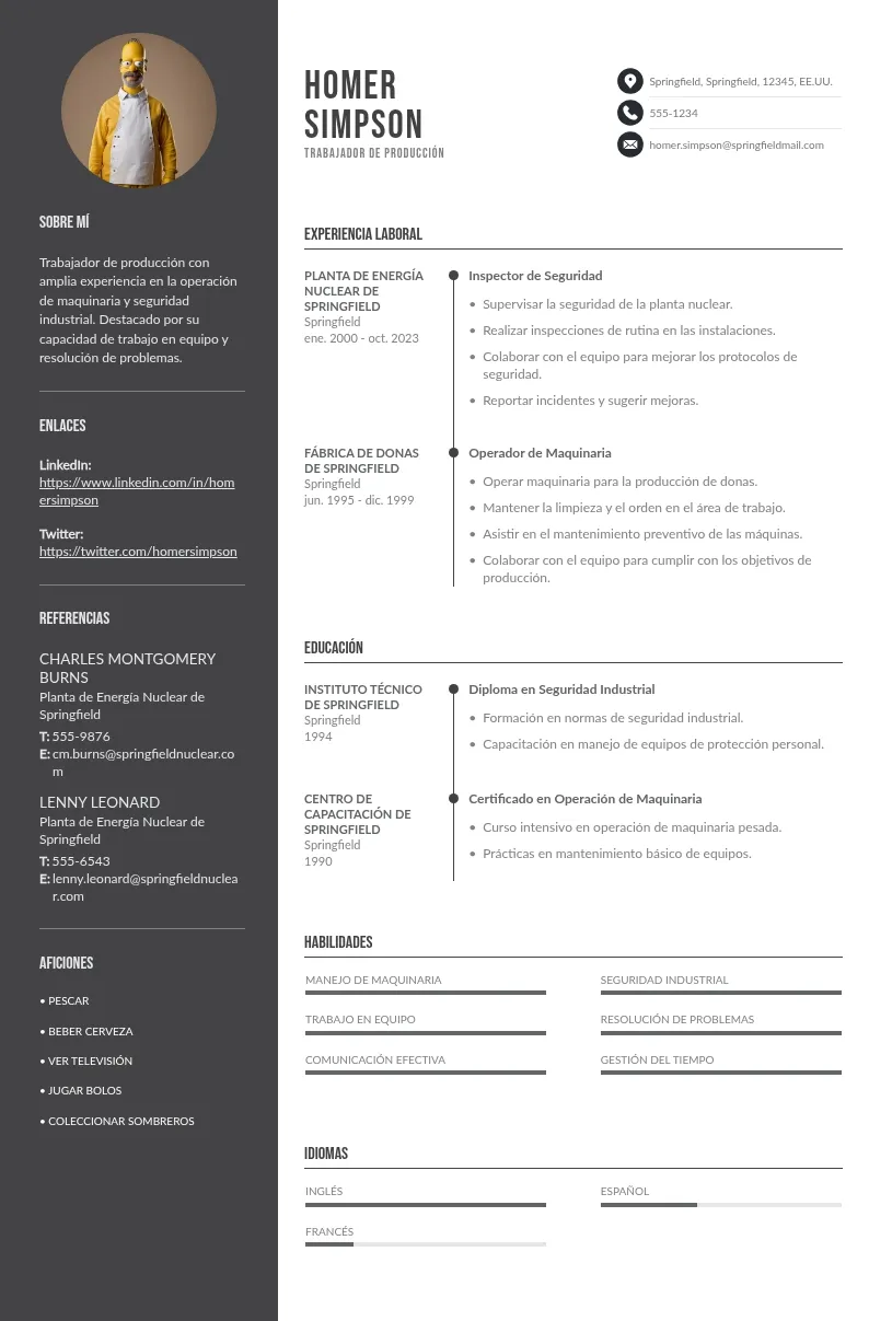 Ejemplo de curriculum vitae de trabajador de producción