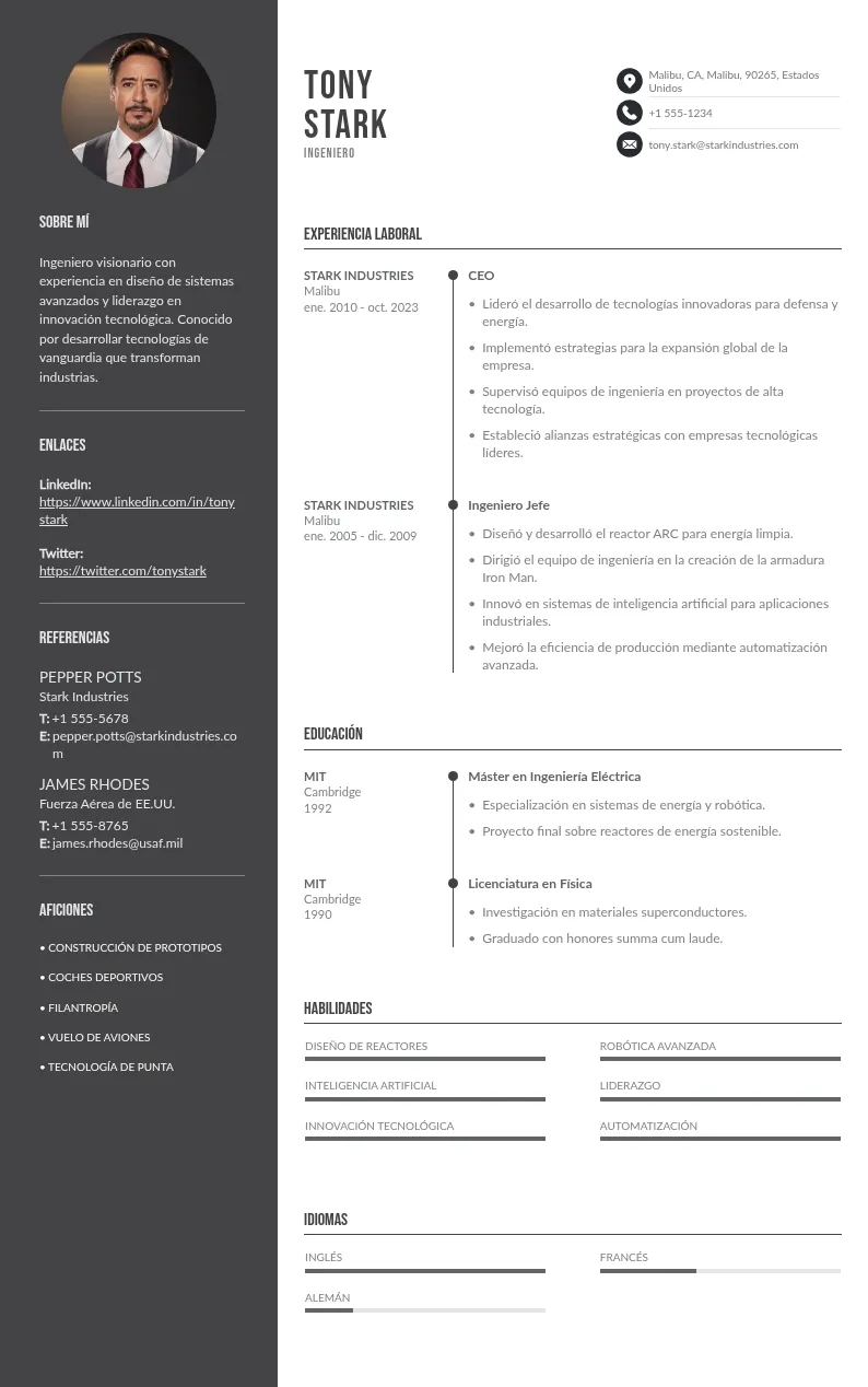 Ejemplo de currículum de ingeniero
