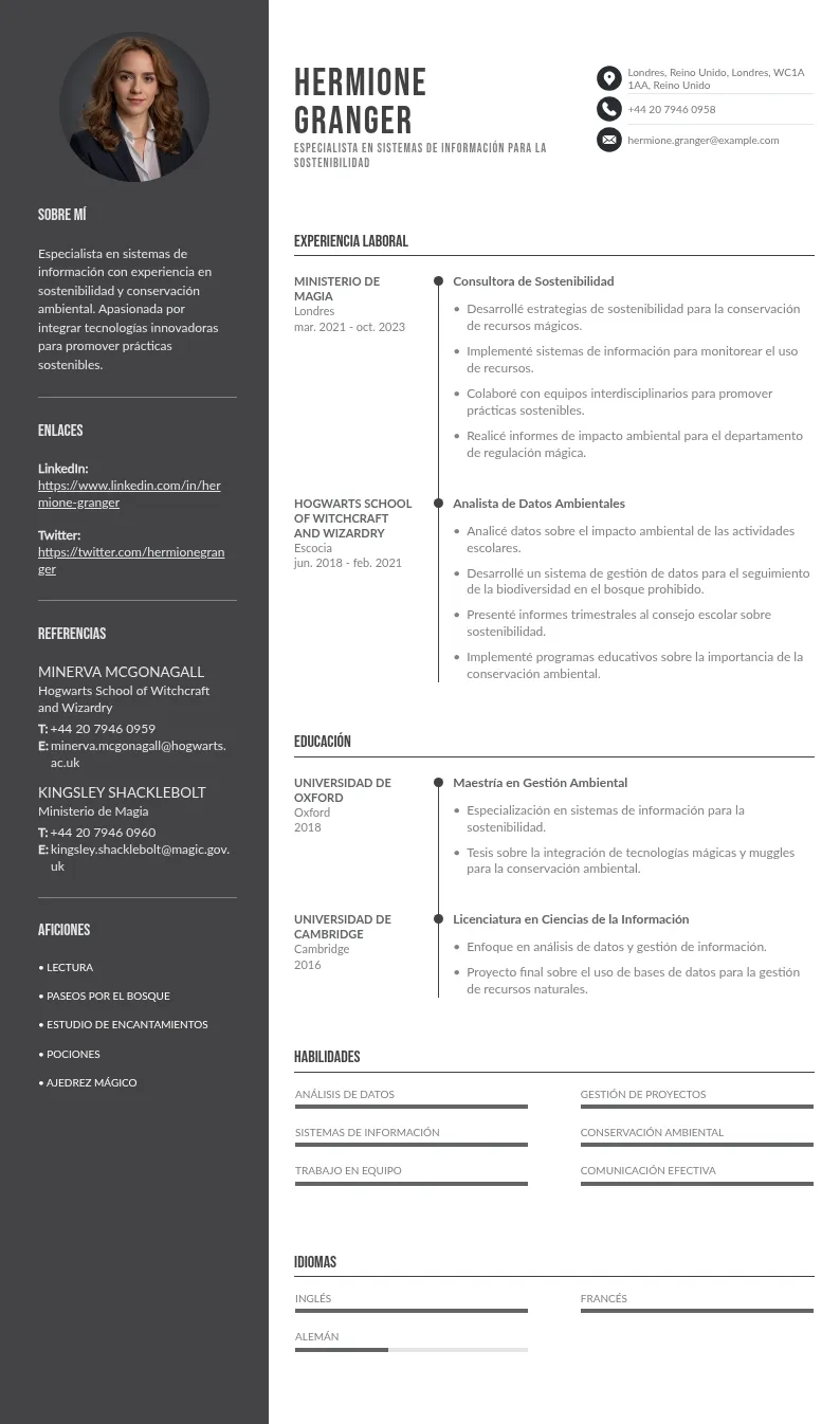 CV de Especialista en Sistemas de Información para la Sostenibilidad: Guía y Muestra Gratis para 2024