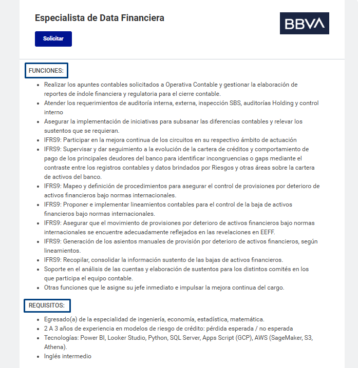 Captura de la descripción del empleo de especialista en data del sector financiero publicada en la web de BBVA