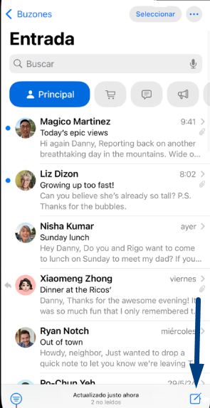 Captura de pantalla en la que se señala el ícono para crear un mensaje en Mail