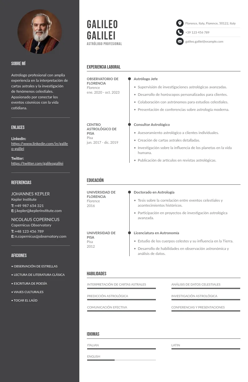CV de astrólogo profesional descargable