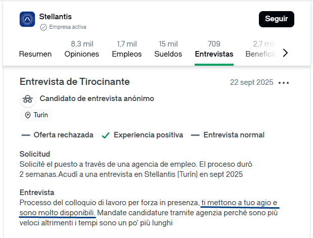 Captura de pantalla de un comentario en Glassdoor de un candidato de Stellantis en Italia
