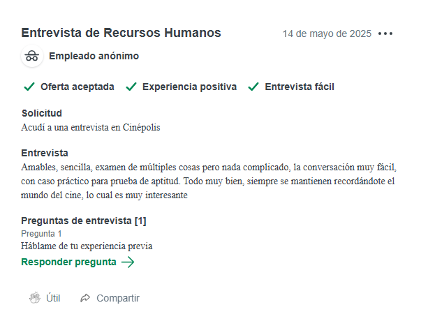 Captura de lo que un candidato a Recursos Humanos en Cinépolis comentó en Glassdoor