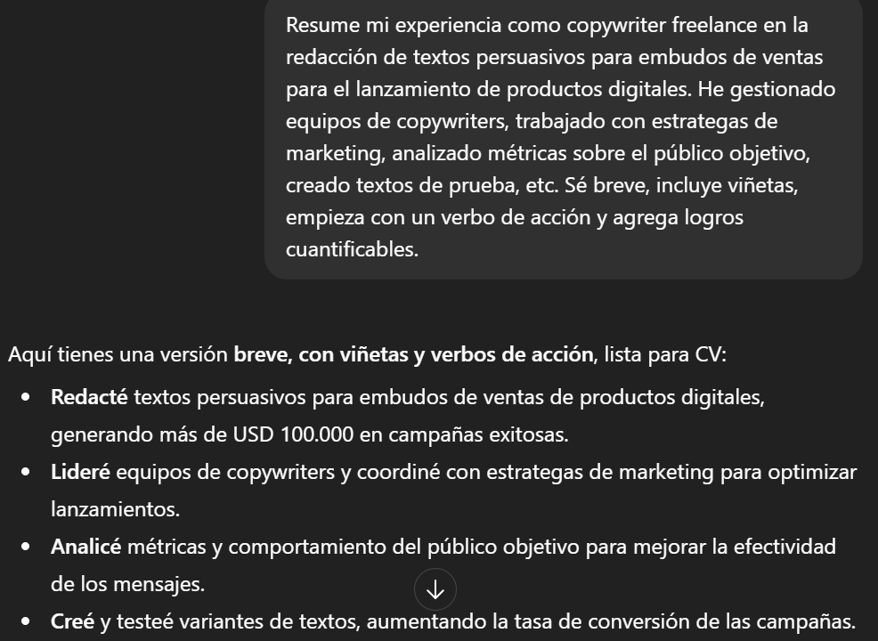 Experiencia laboral para currículum creada con ChatGPT