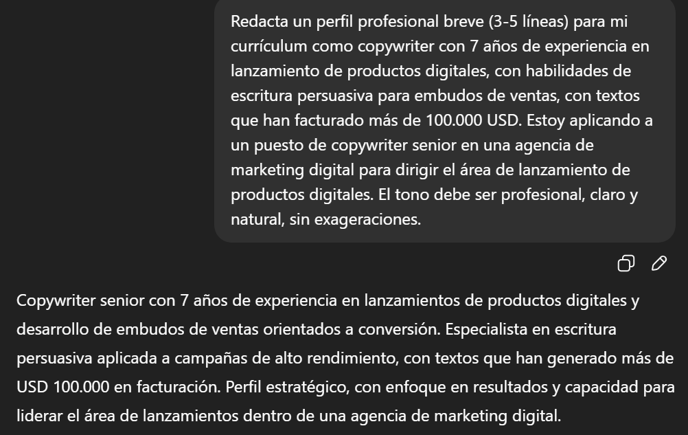 Perfil profesional para currículum creado con ChatGPT