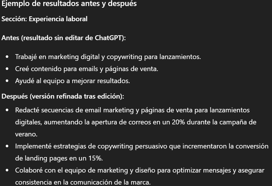 Antes y después de la reescritura de una experiencia laboral con ChatGPT