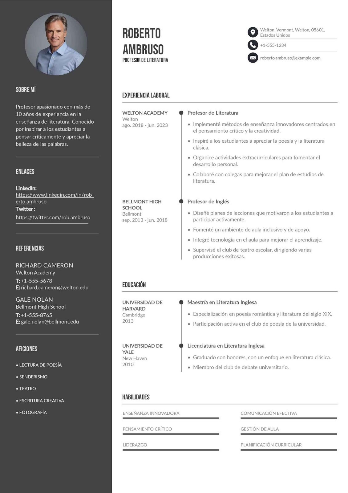 Ejemplo de Currículum para profesor con experiencia laboral