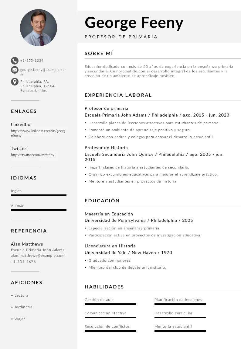 Ejemplo de Currículum de profesor de primaria