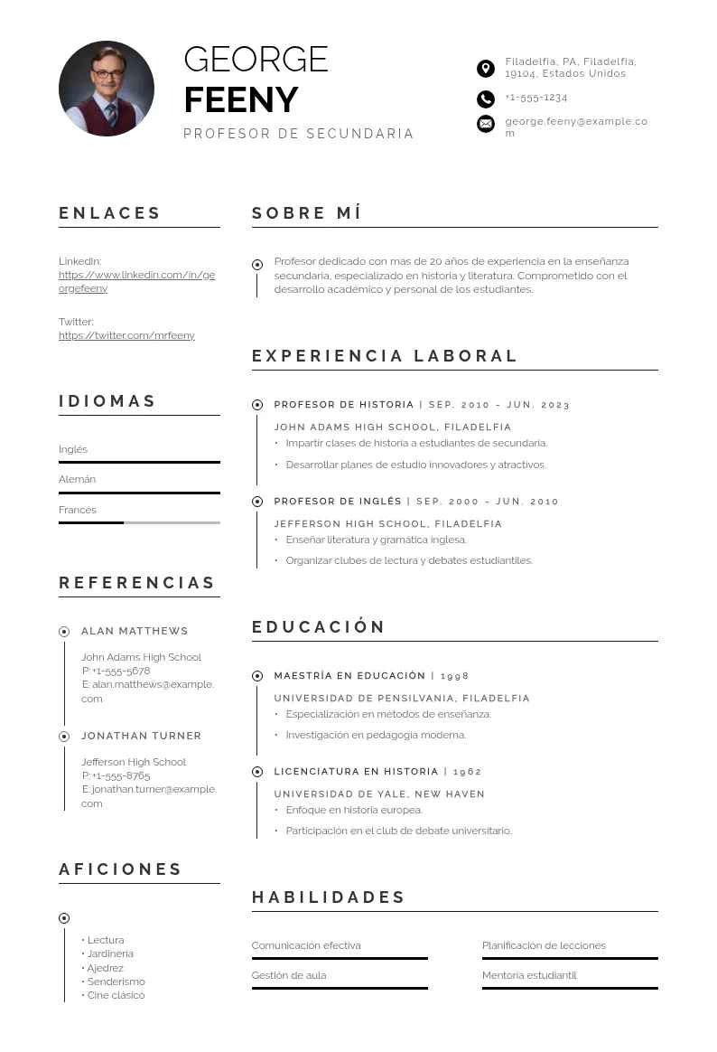 Ejemplo de Currículum de profesor de secundaria o bachillerato