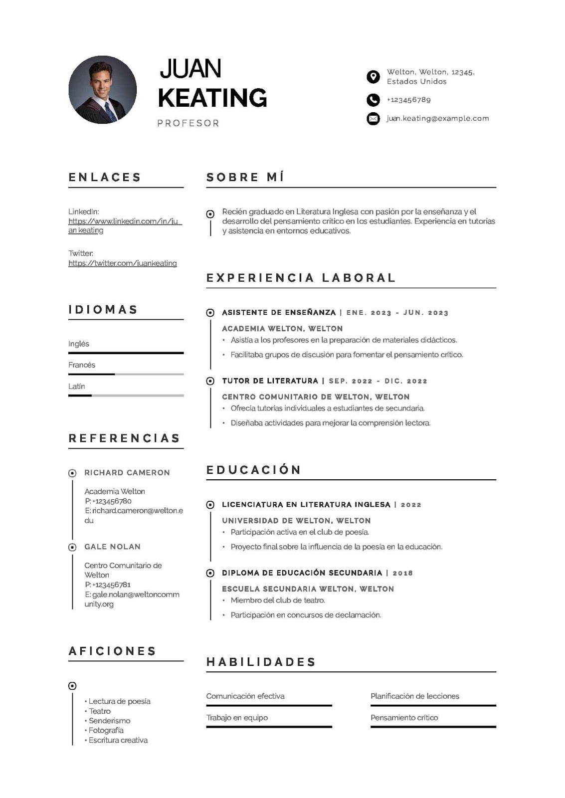 Ejemplo de Currículum para profesor recién graduado