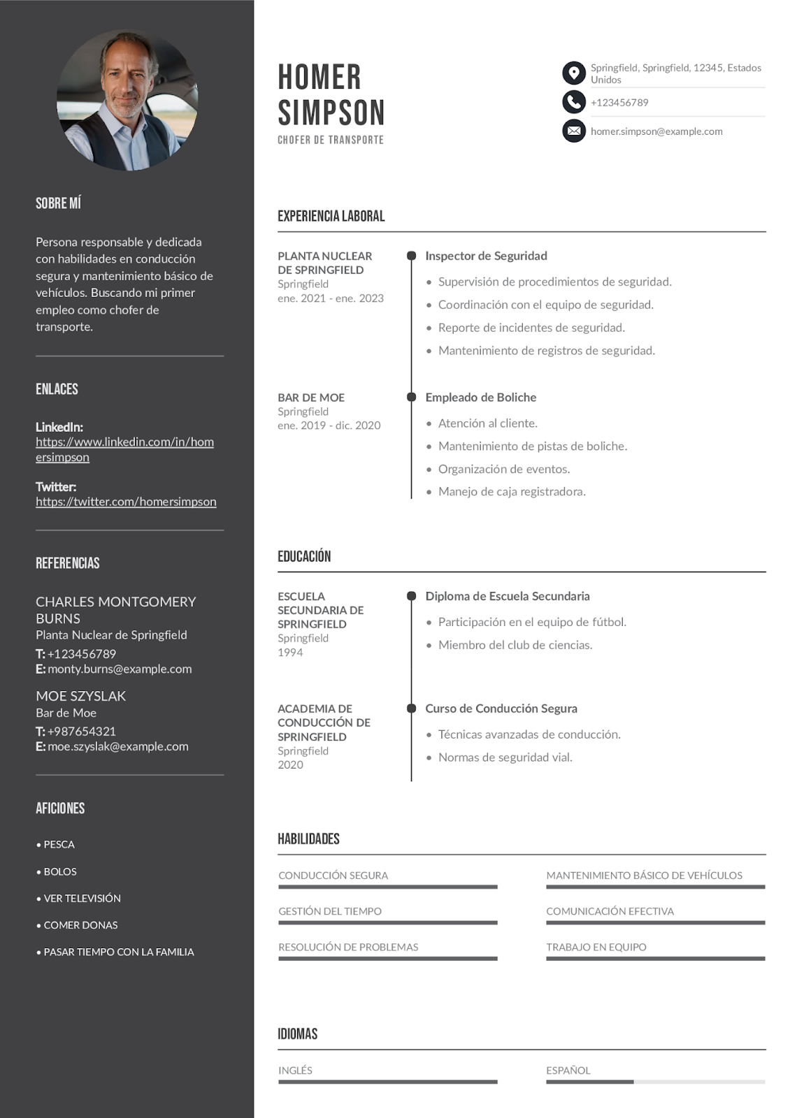 Currículum de chofer de transporte sin experiencia