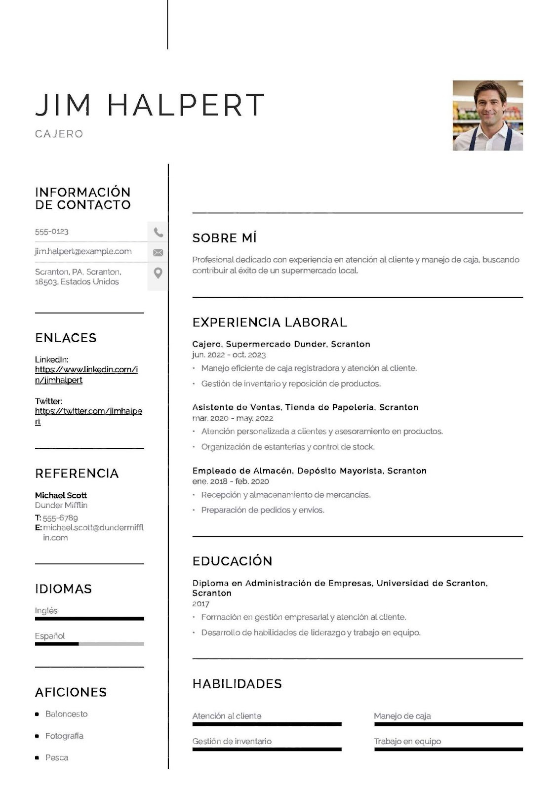 Curriculum vitae de cajero de supermercado