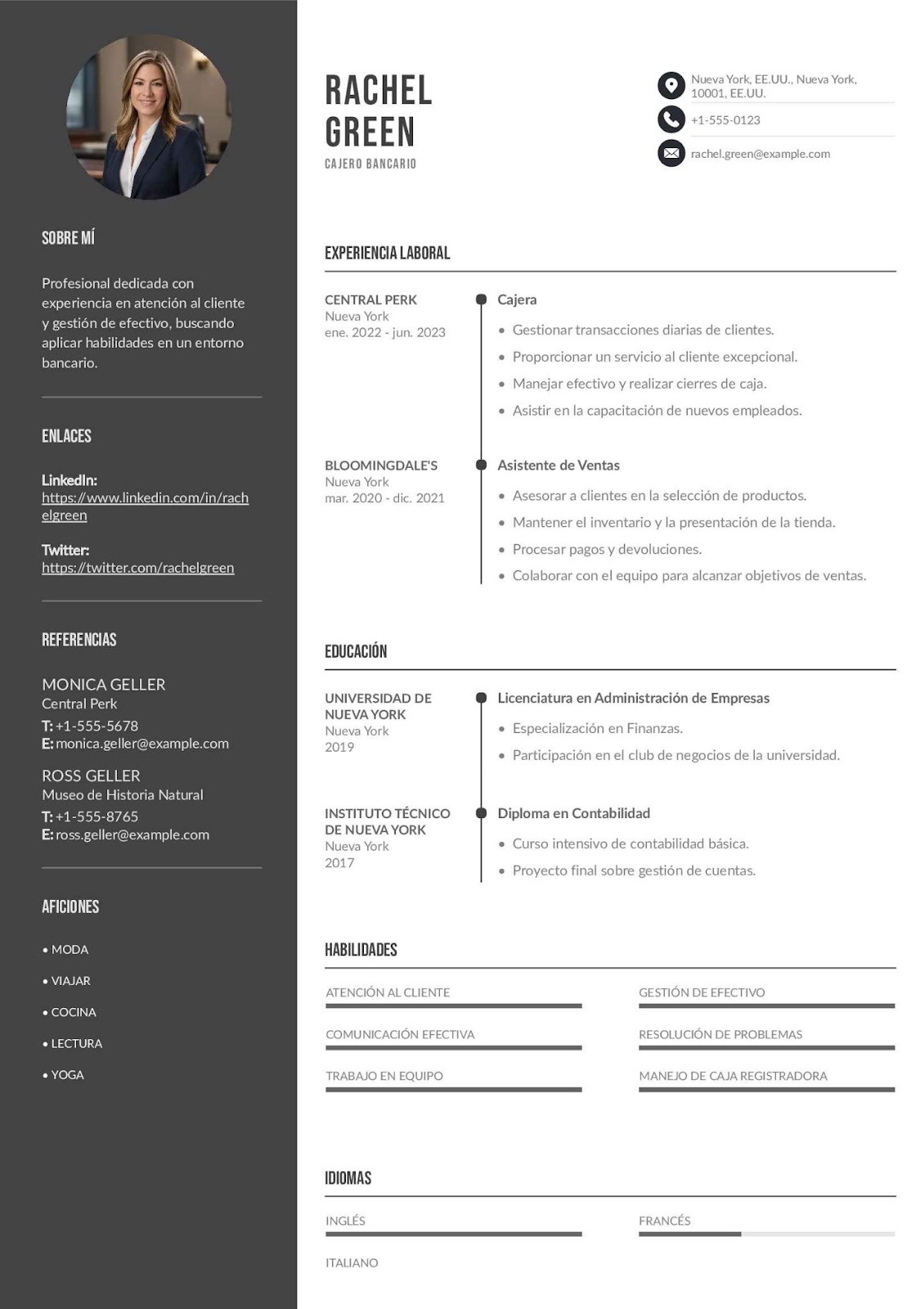 Curriculum vitae de cajero bancario
